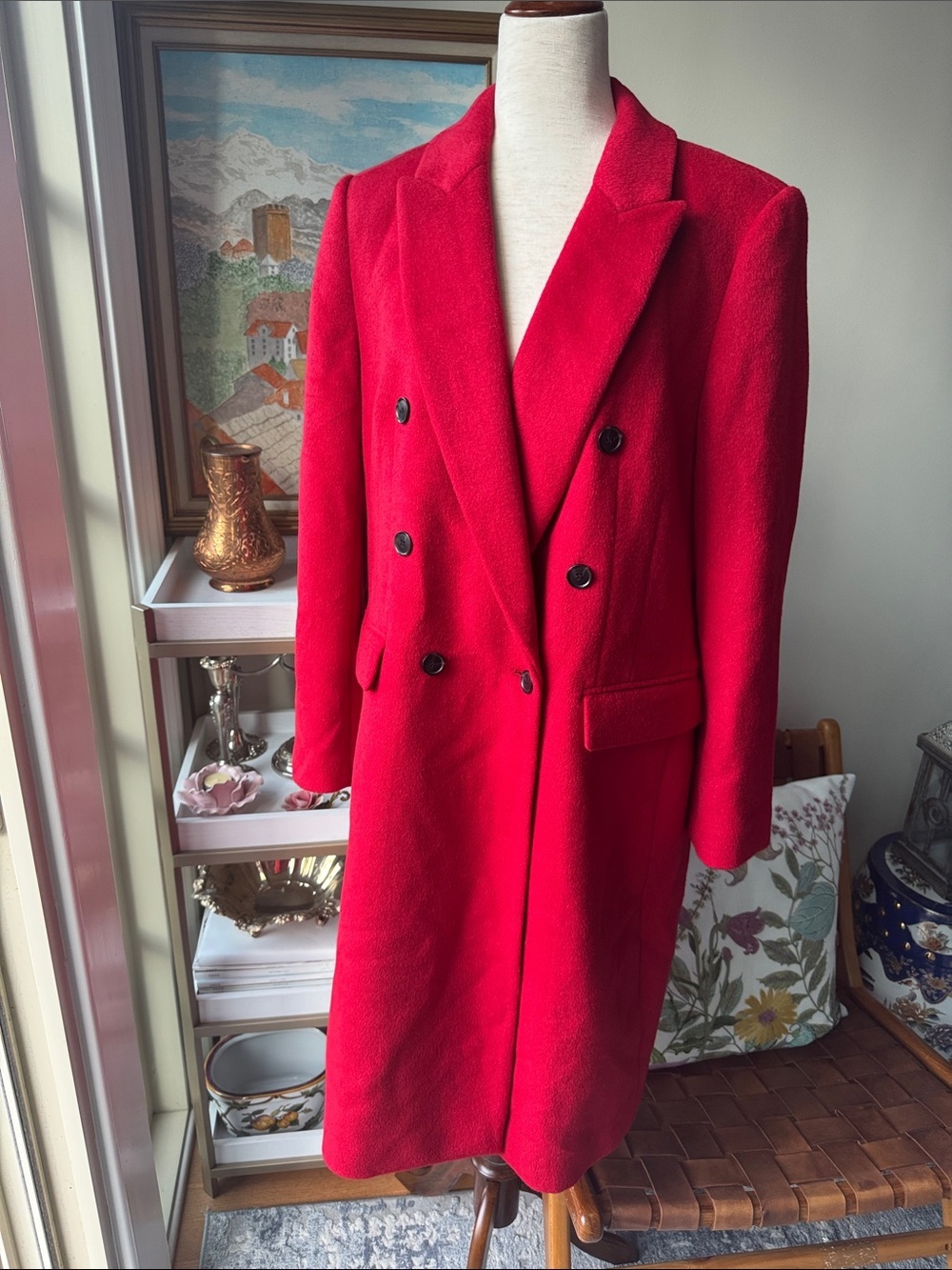 LOFT Vibrant Red Double-Breasted Wool Pea Coat